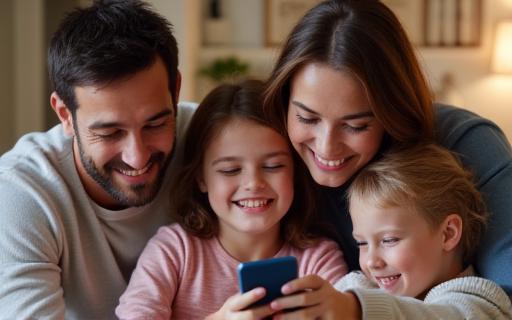 A family happily using their phones on postpaid plans.